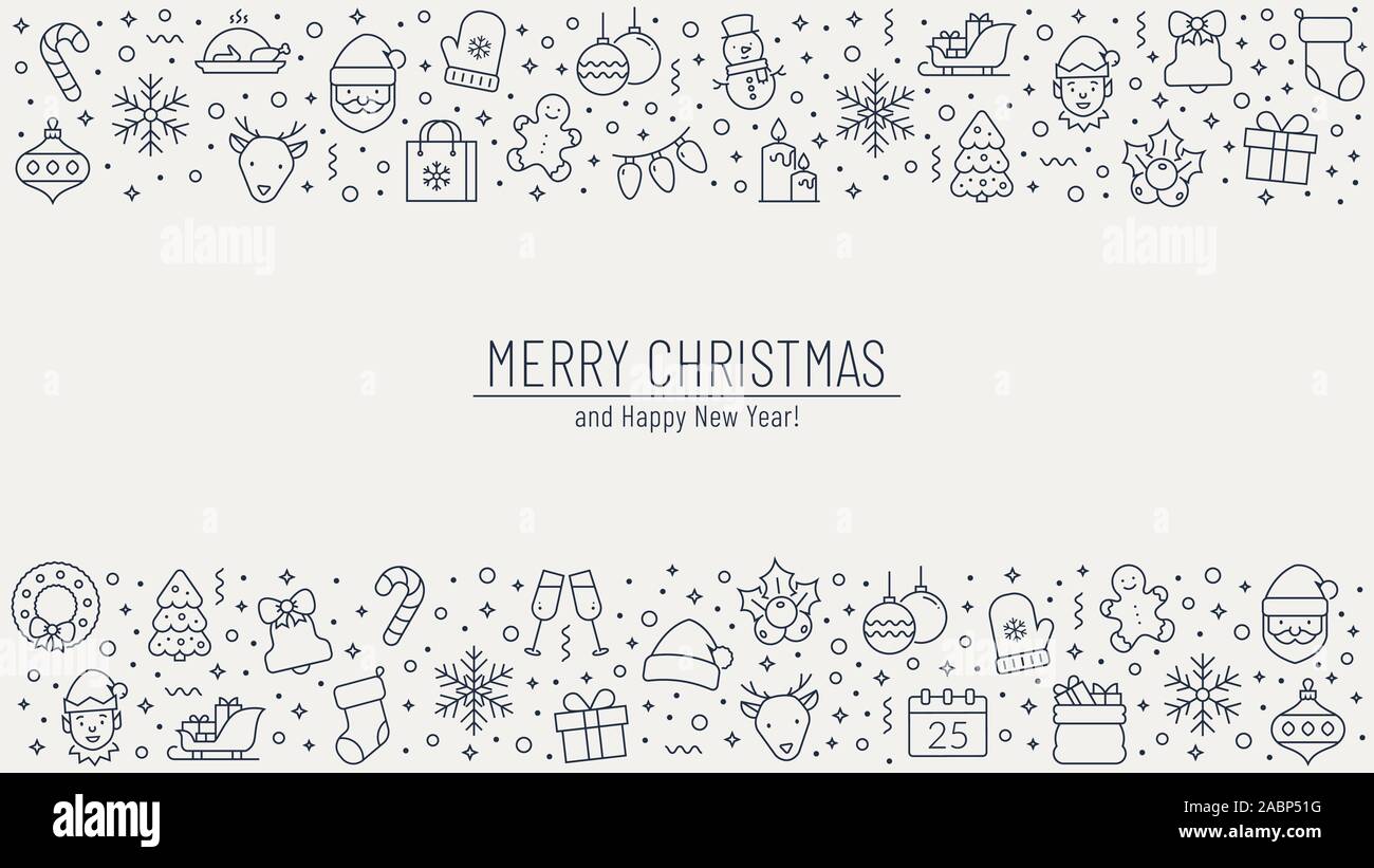 Christmas banner with outline icons. Merry Christmas and Happy New Year! Vector background with holiday symbols. Horizontal greeting card. Stock Vector