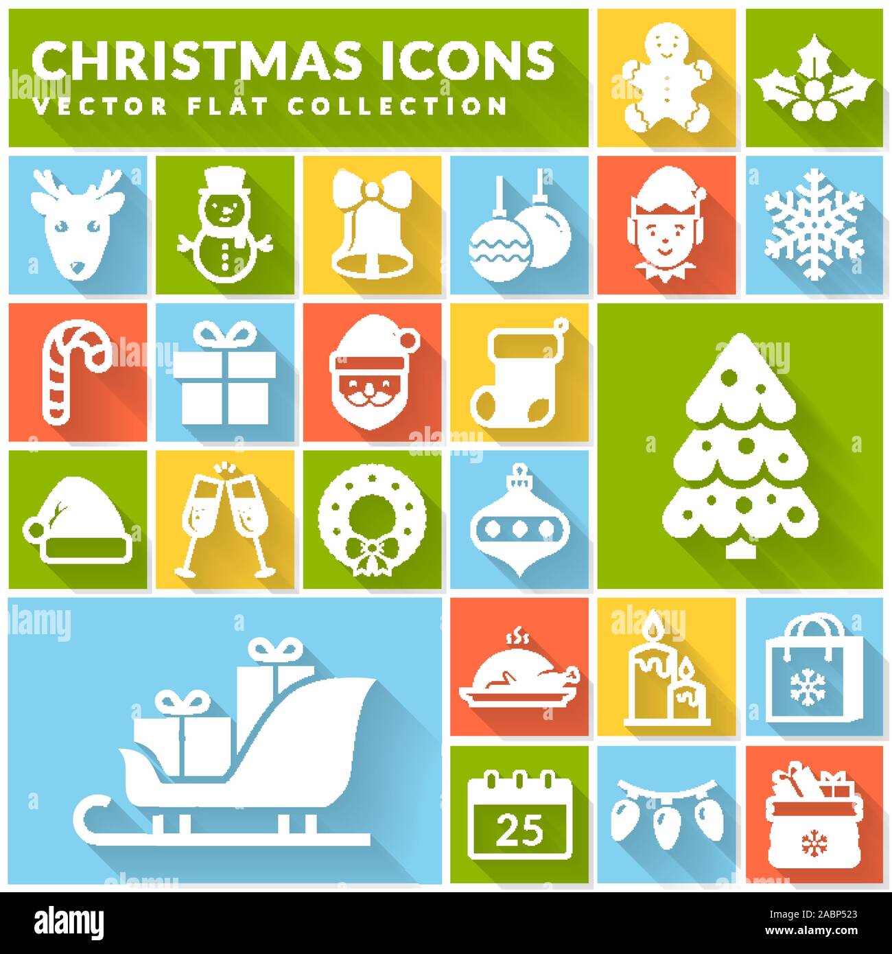 Christmas and New Year flat icons. Winter holiday set: Santa, snowman, gingerbread, Christmas tree, snowflake, deer, gifts. White symbols. Vector. Stock Vector