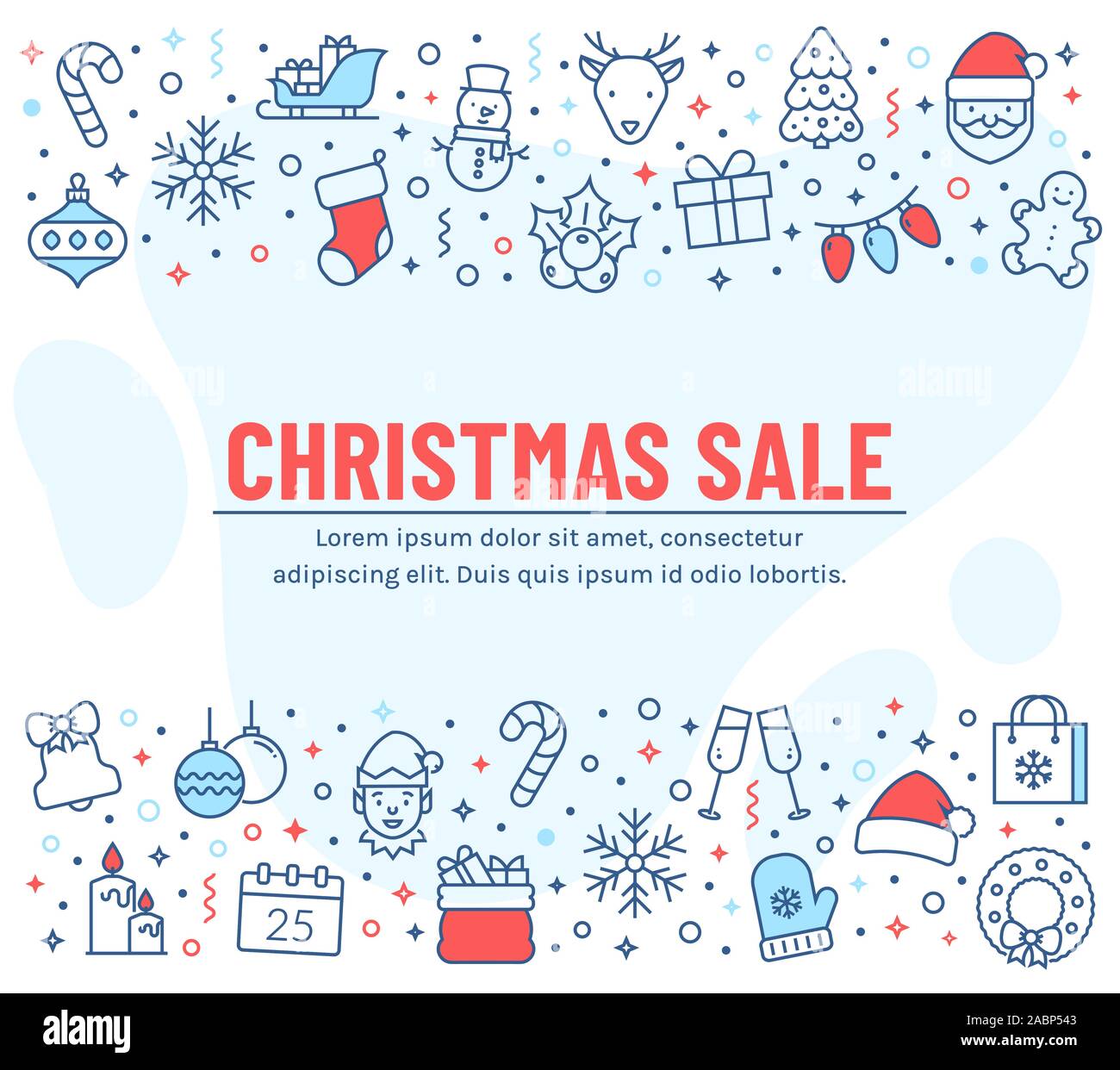 Christmas sale banner with outline icons. Vector background with line symbols and copy space for your text. Concept for winter holidays discounts. Stock Vector