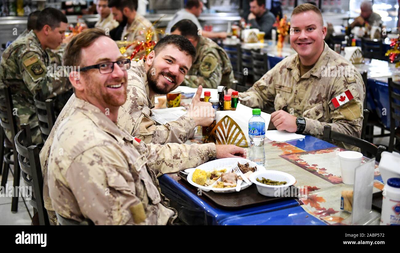 Ali Al Salem, Kuwait. 28th Nov, 2019. American and coalition forces joint together for a Thanksgiving dinner at Ali Al Salem Air Base November 28, 2019 in Ali Al Salem, Kuwait. Credit: Mozer O. Da Cunha/Planetpix/Alamy Live News Credit: Planetpix/Alamy Live News Stock Photo