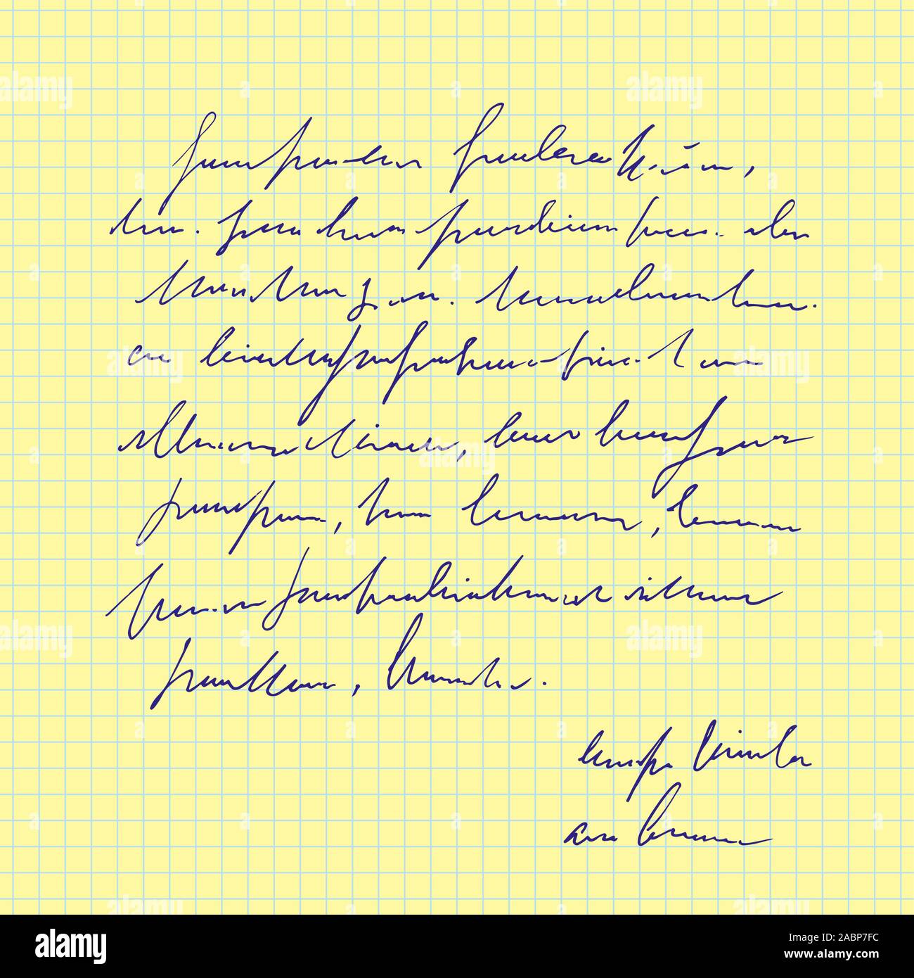 Abstract sheet of paper with handwritten text, note with signature