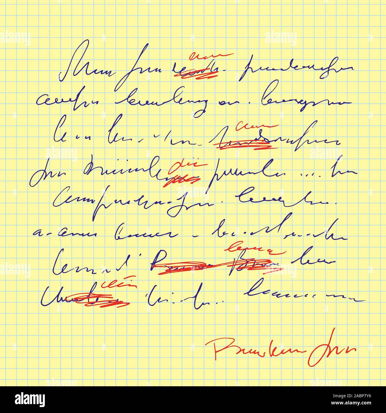 Abstract sheet of paper with handwritten text, note with with mistakes