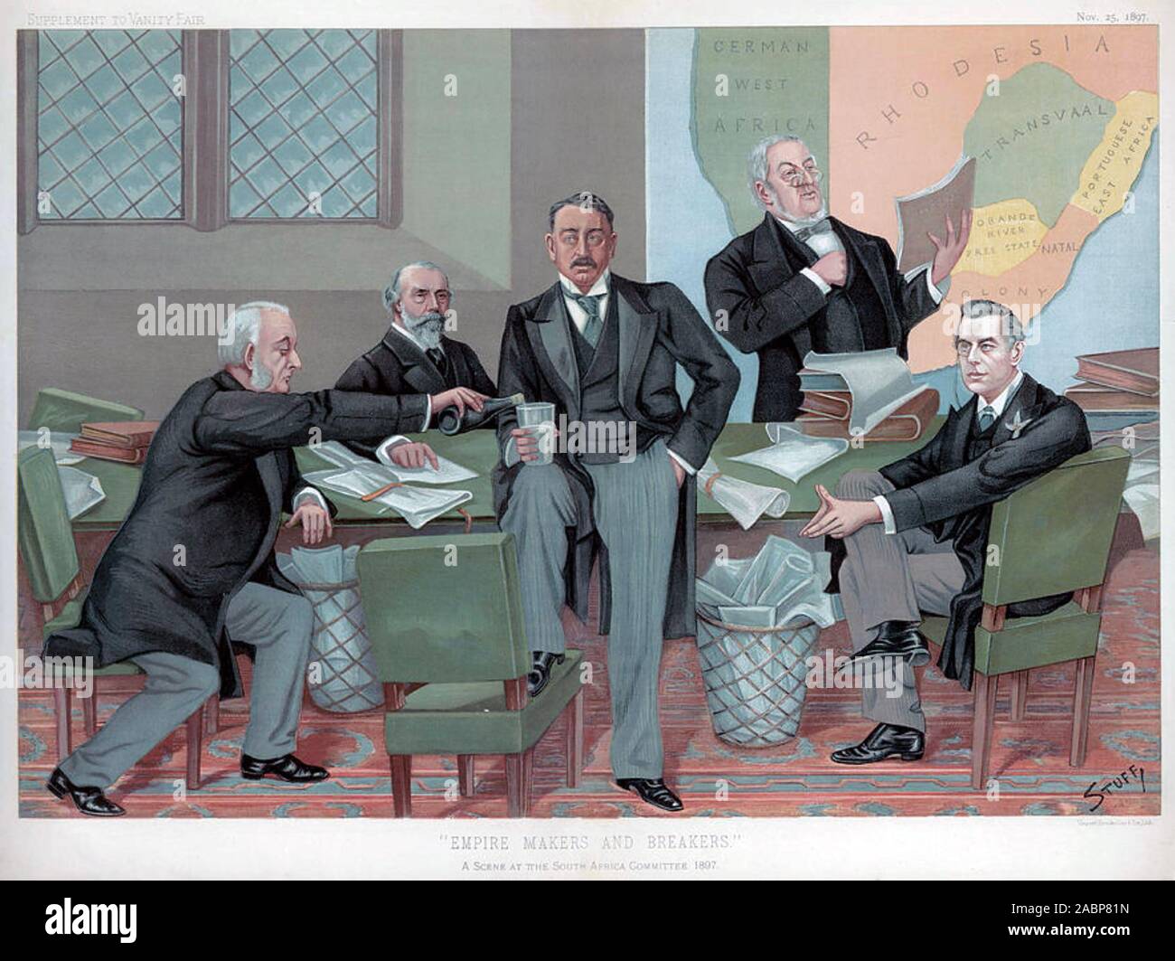SOUTH AFRICA COMMITTEE 1897 A satirical cartoon from Vanity Fair showing Cecil Rhodes centre dominating the Parliamentary committee set up to investigate the Jameson Raid. Joseph Chamberlain seated right. Stock Photo