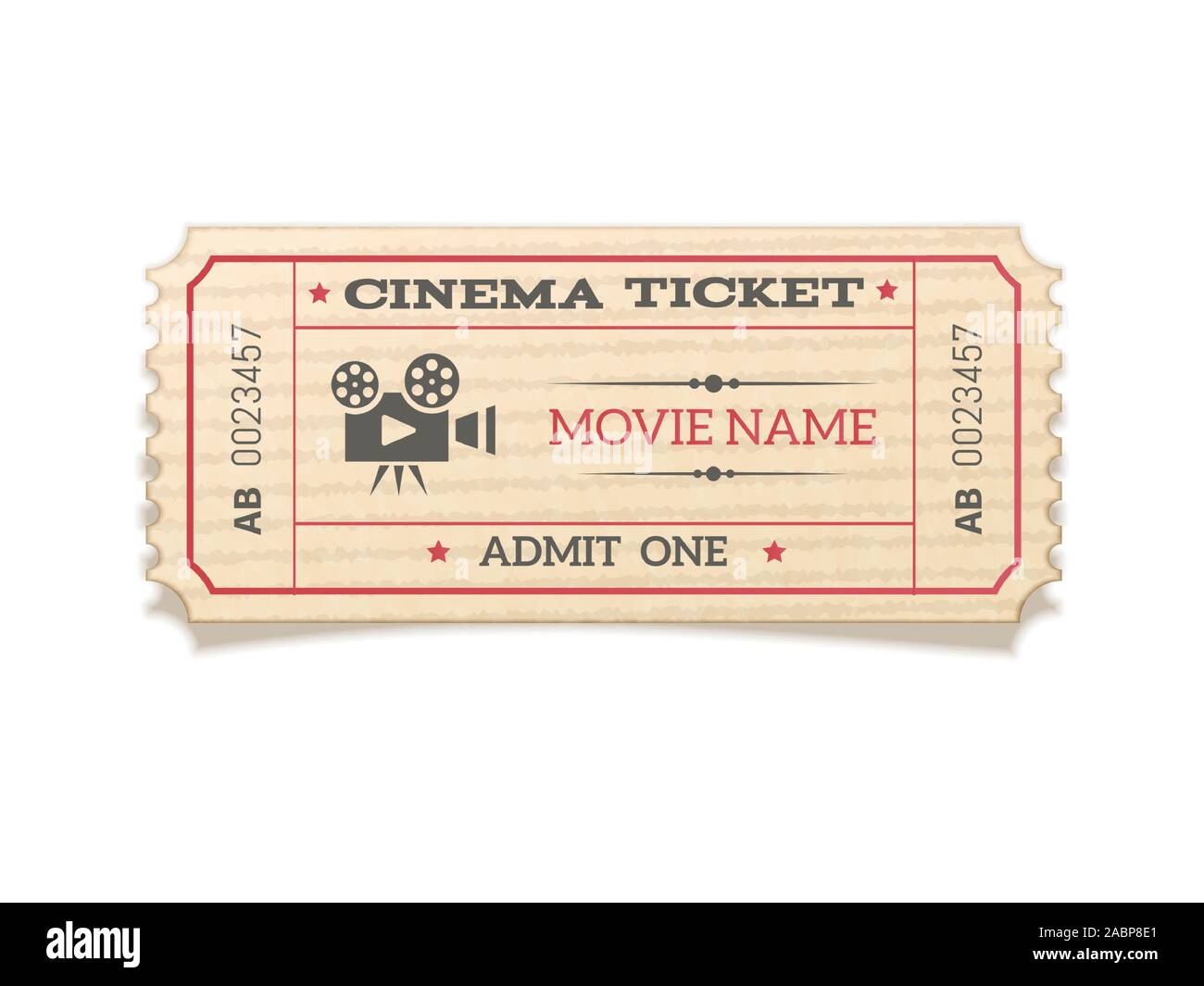 Realistic retro movie ticket isolated on white background. Stock Vector