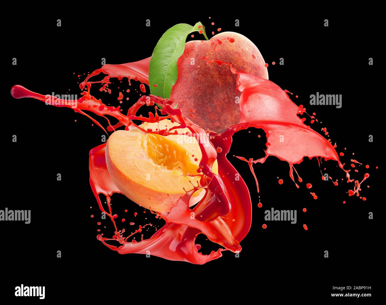peaches in juice splash on a black background. Stock Photo