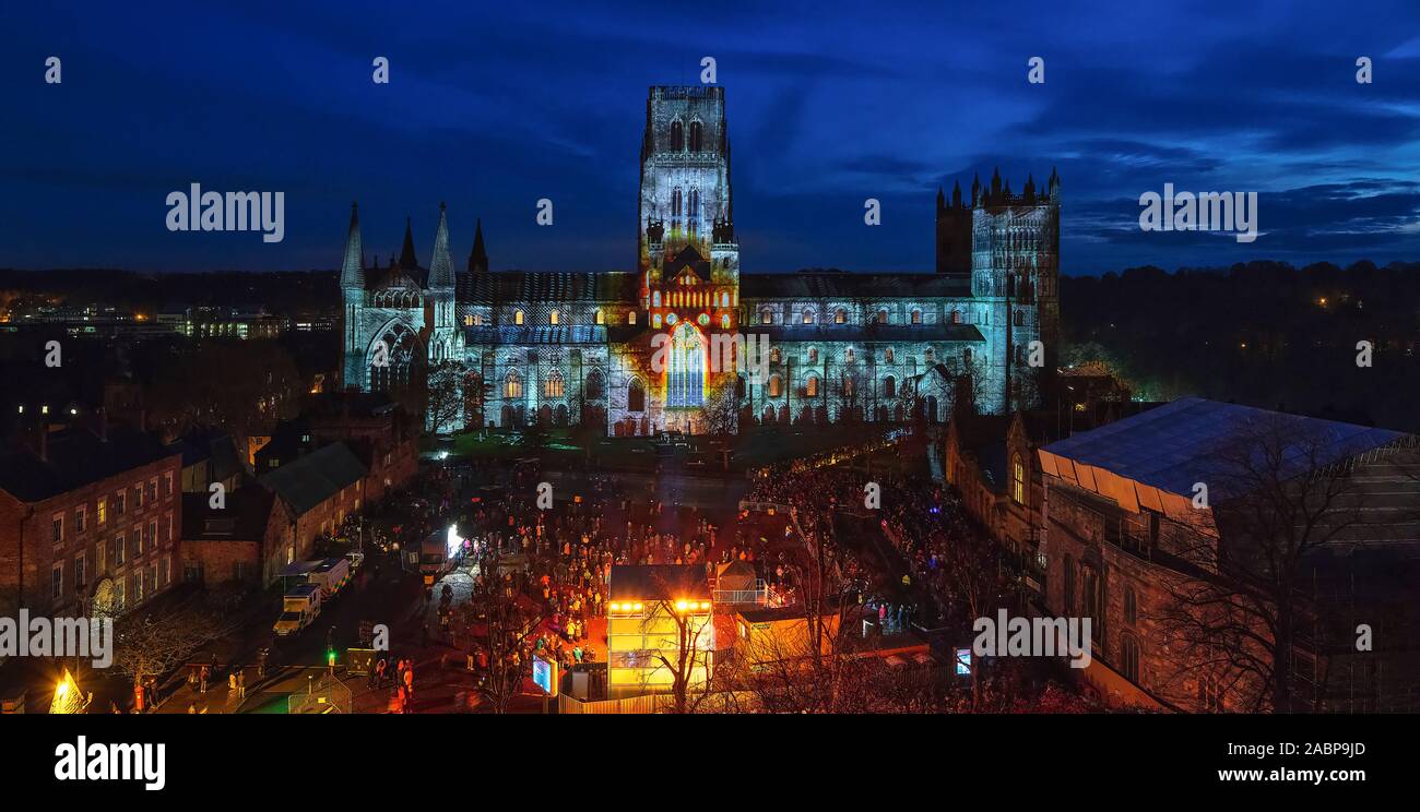 Durham Cathedral at night during Durham Lumiere 2019, Durham, County Durham, England, United Kingdom Stock Photo