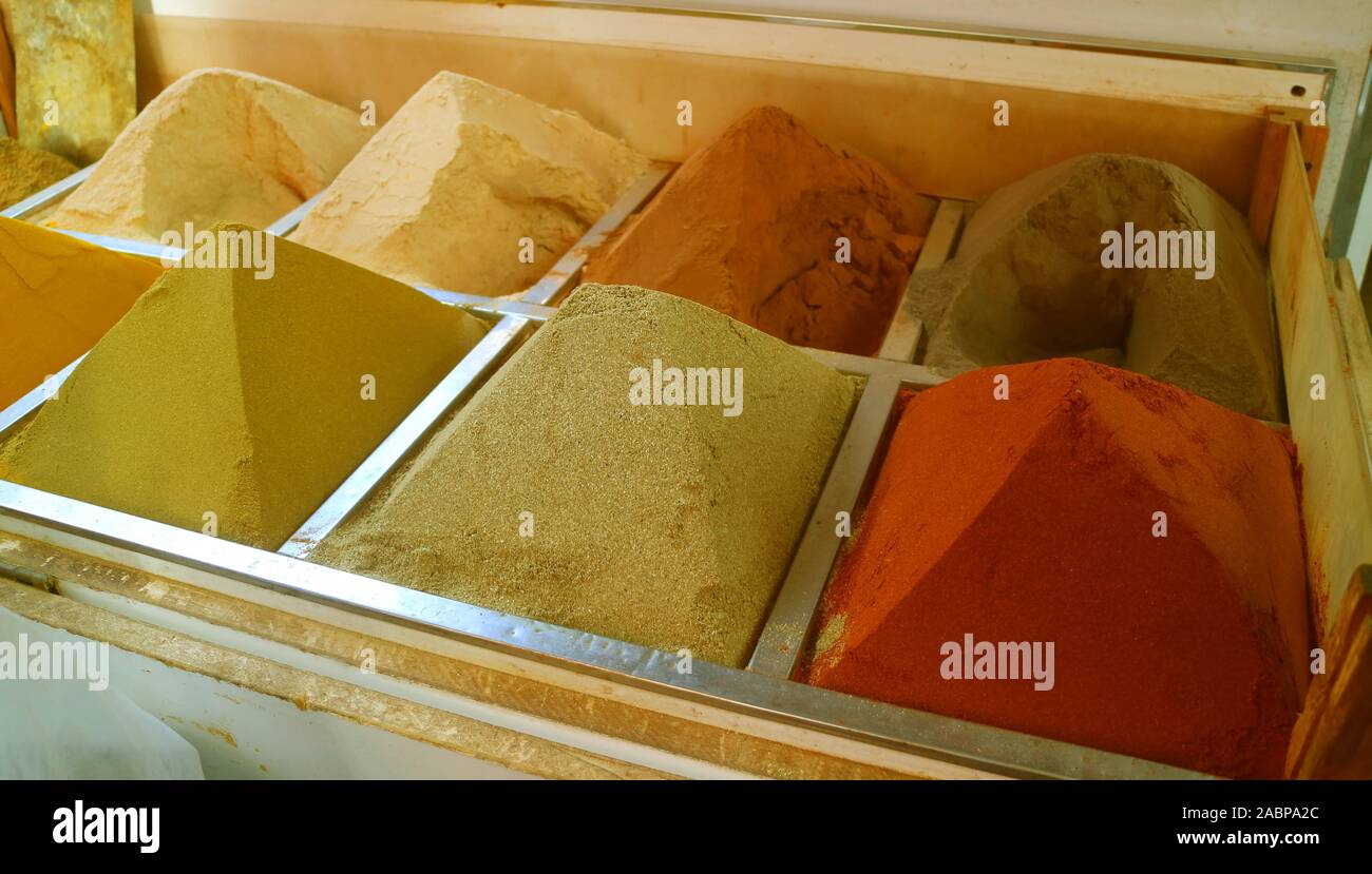 Colorful spices for sale in the famous Manama souq, Manama, Bahrain