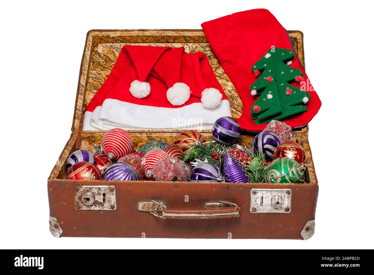 Suitcase With Colorful Balls To Decorate Christmas Tree