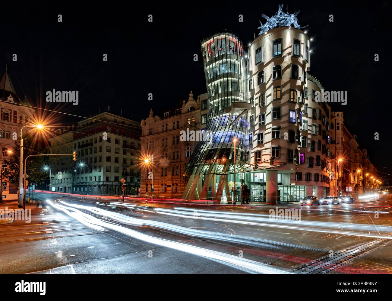 Dancing House, Ginger and Fred, architect Frank Gehry, trails of light ...
