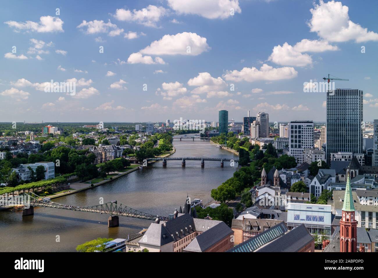 Frankfurt city view from the cathedral showing the river Main, Eiserner Steg bridge and Holbeinsteg bridge Stock Photo