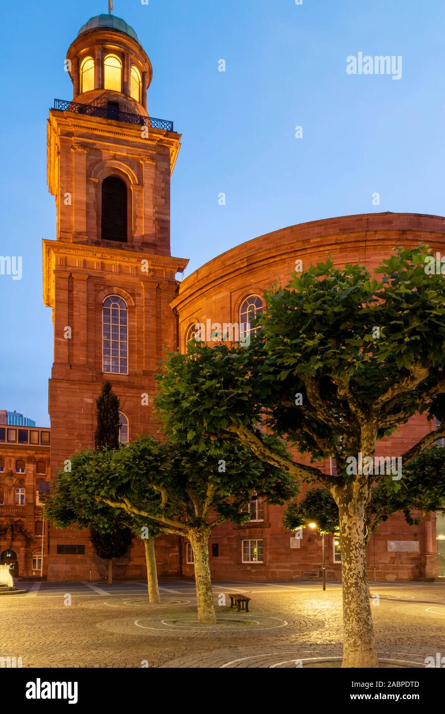 St Pauls church illuminated by street lighting in the old town of Romerberg in Frankfurt Stock Photo