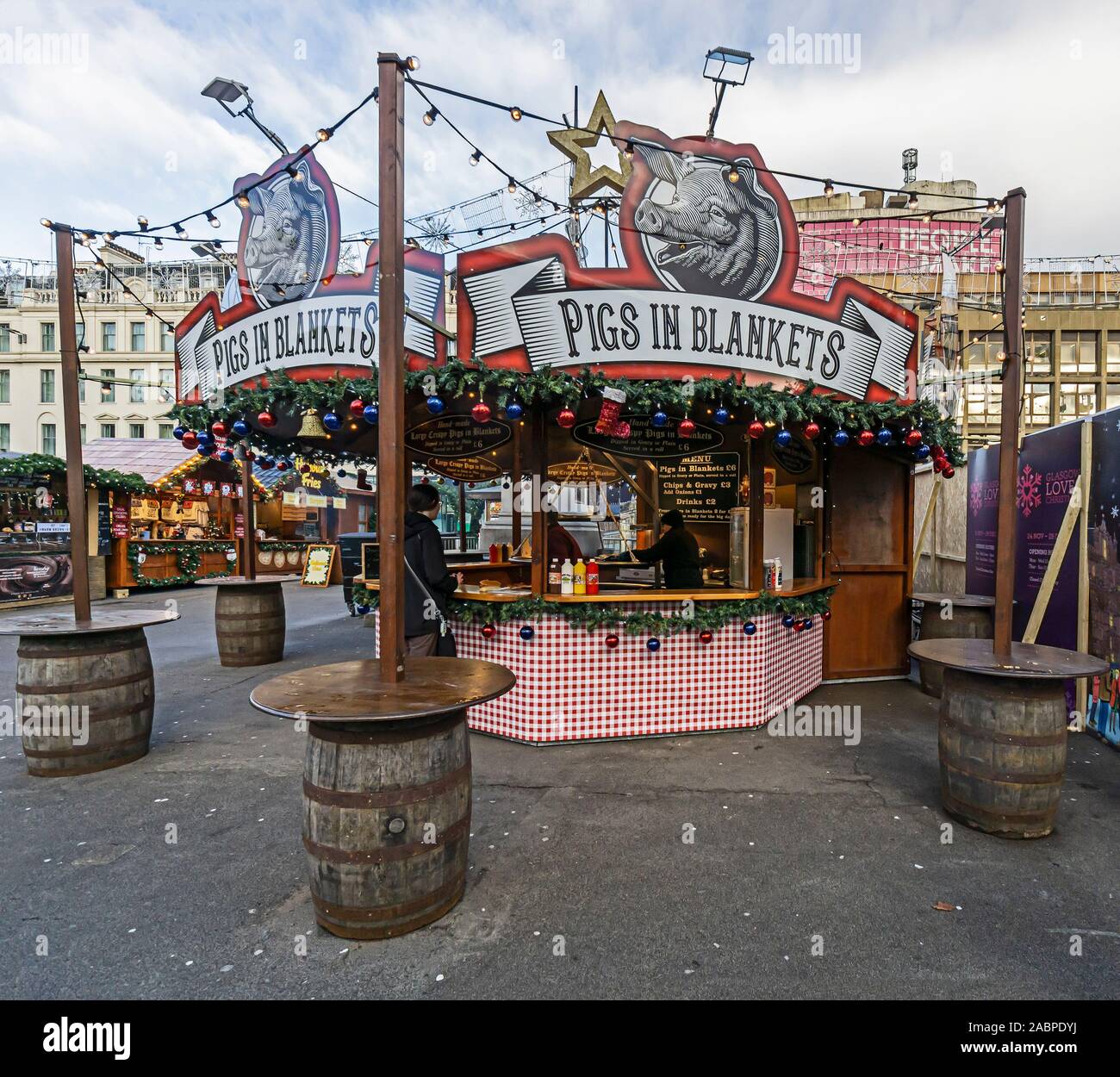 Pigs in Blankets stall at Glasgow Christmas Market 2019 in
