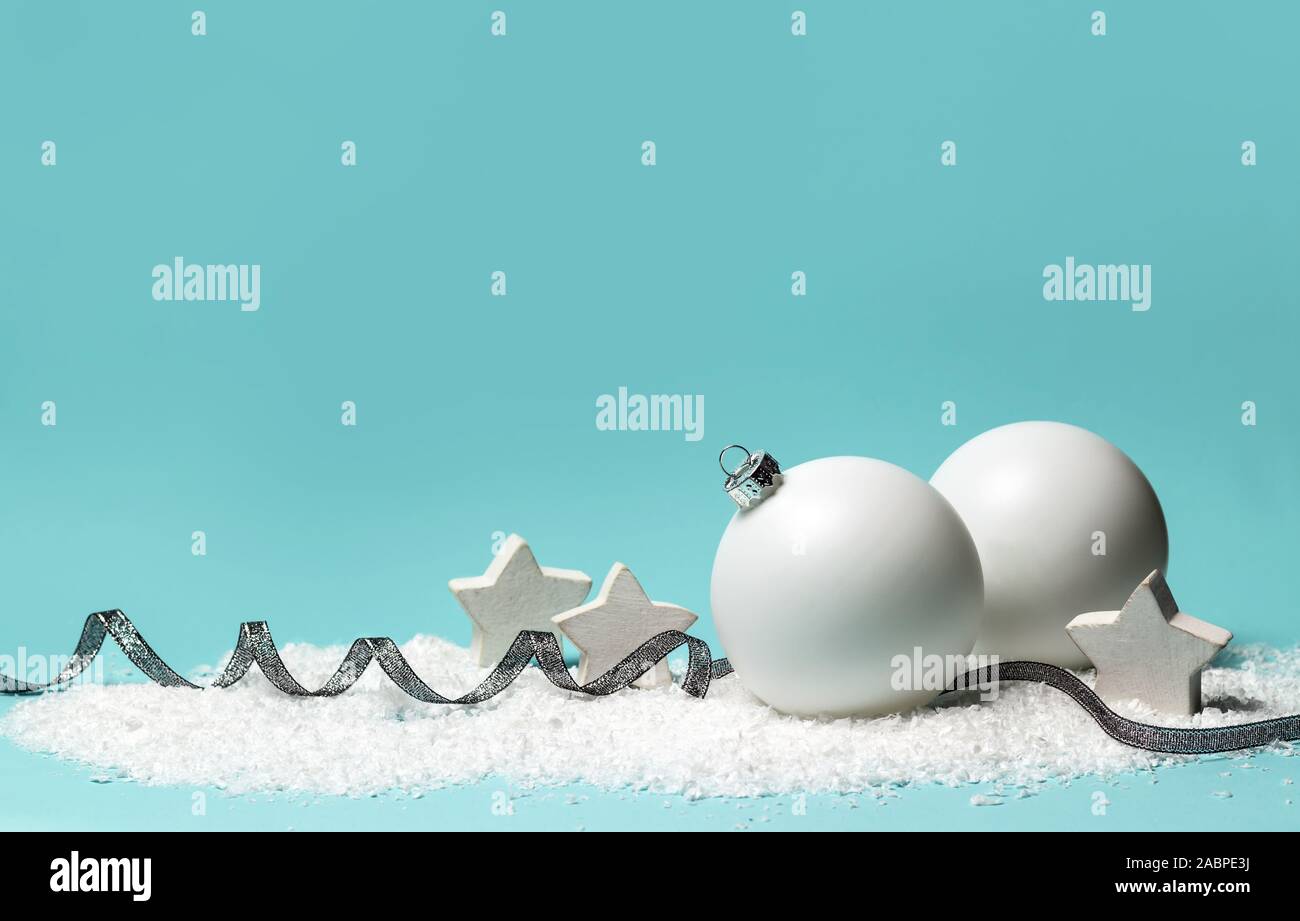Christmas composition made with white decorations. Christmas or New Year greeting card, web banner, backdrop. Stock Photo
