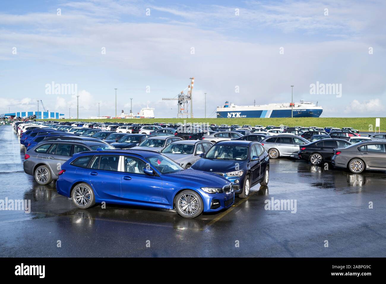 new BMW cars for export at seaport terminal. Stock Photo