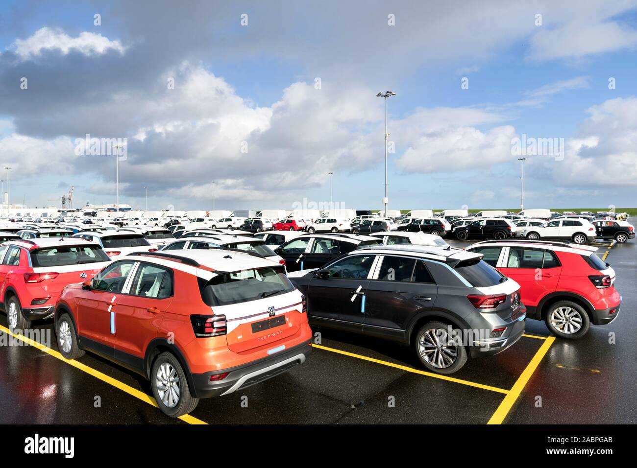 new Volkswagen T-Cross cars for export at seaport terminal. Stock Photo