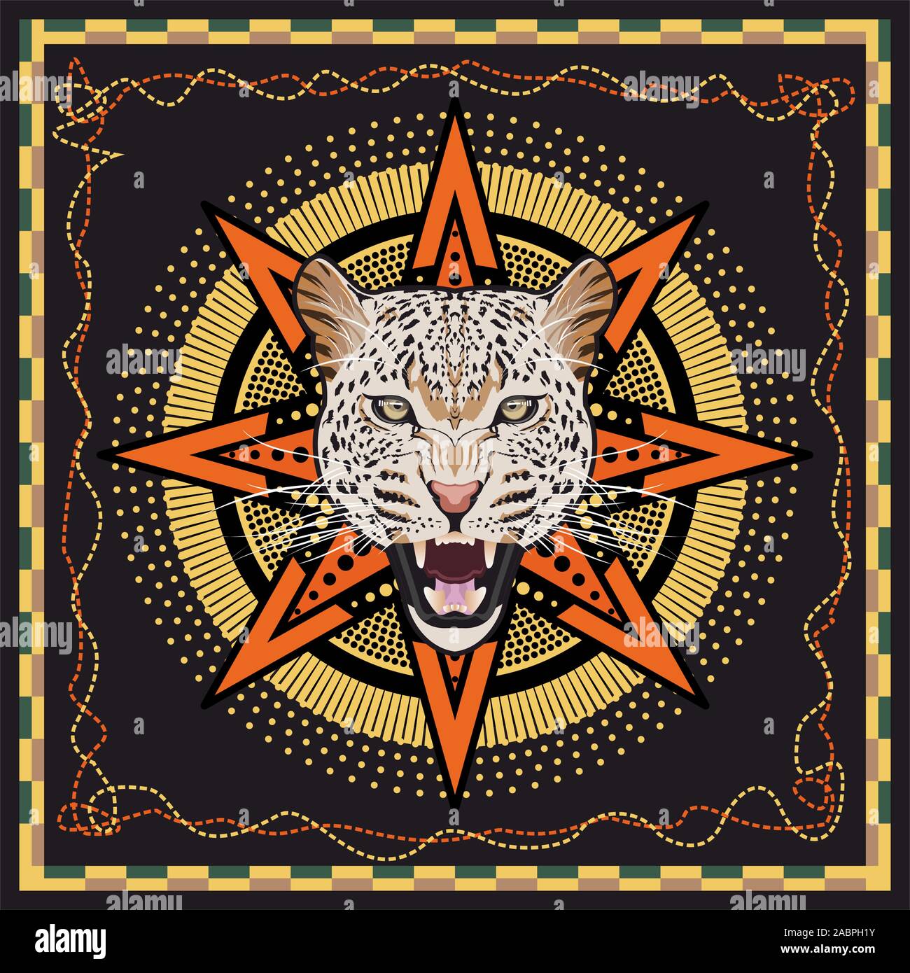 Leopard head with geometric pattern in frame. Hand drawn. Shawl, scarf, bandanna, kerchief, silk print for fabric. - vector Stock Vector