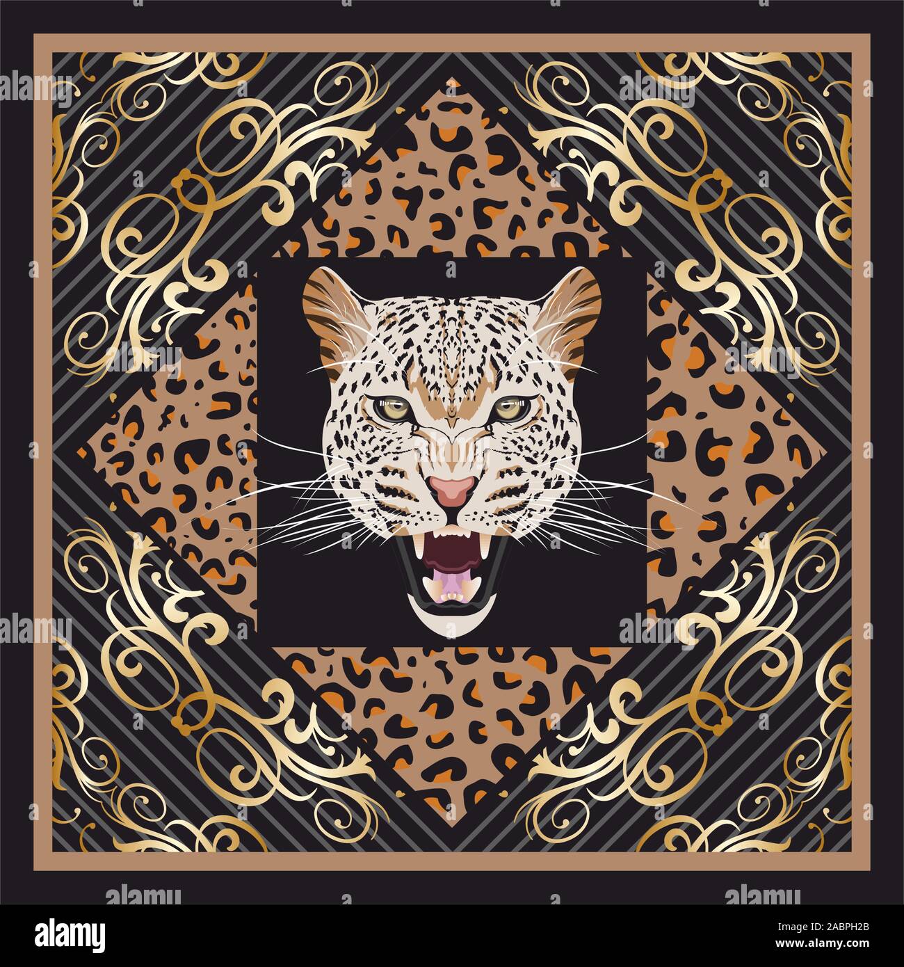 Leopard skin pattern. Golden floral elements on black background. Cheetah head. Animal vector illustration. Bandanna, shawl, scarf, kerchief theme. Stock Vector