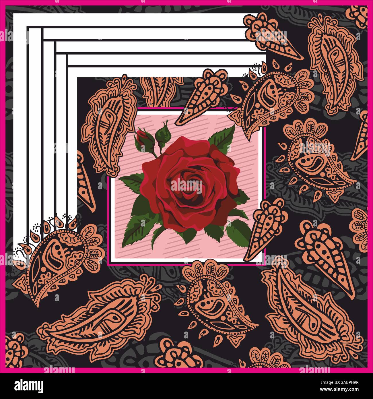 Hand drawn paisley pattern with rose flower. Kerchief, bandanna, shawl, scarf, silk print for fabric. - vector Stock Vector