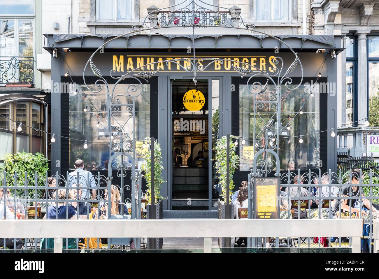 Brussels/ Belgium - 07 03 2019: Art nouveau decorated facade of the restaurant Manhattan's Burgers Stock Photo