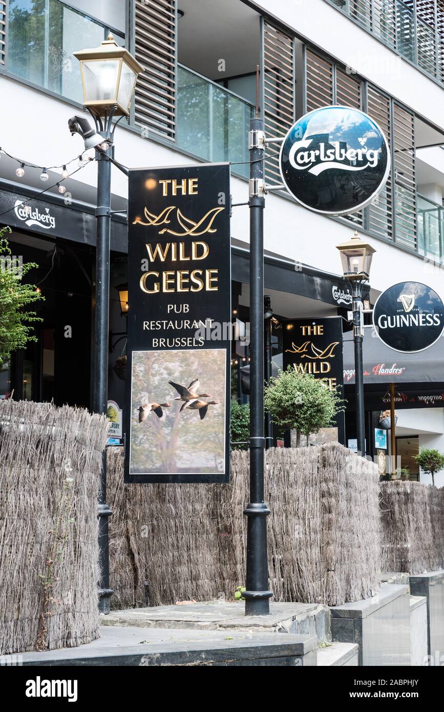 Brussels/ Belgium - 07 03 2019: Entrance and sign of the Wild Geese, an Irish pub and restaurant Stock Photo