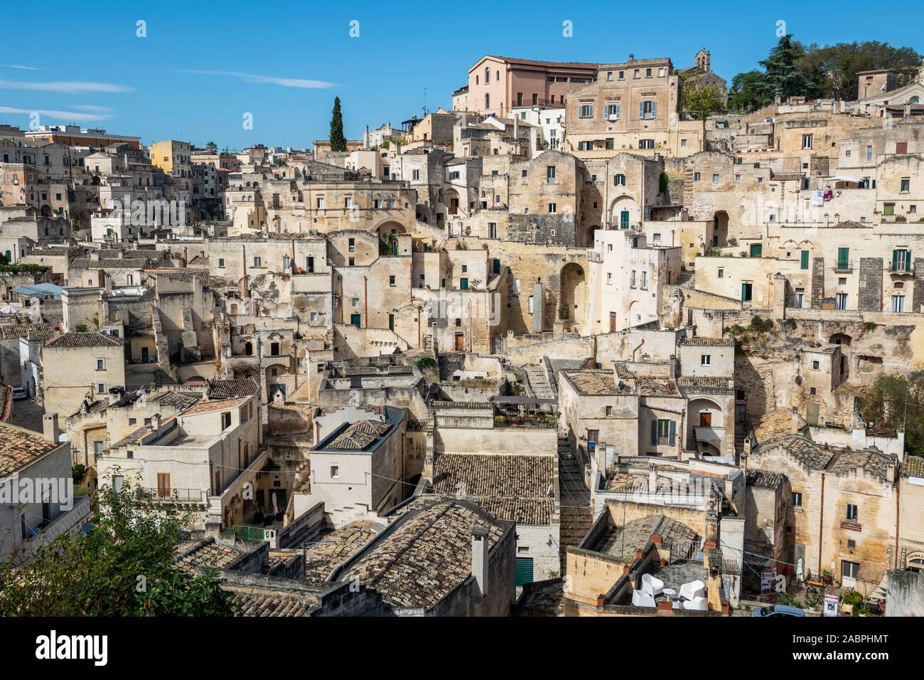 General view across Sasso Barisano from Piazza Duomo in Sassi District of Matera, Basilicata Region, Southern Italy Stock Photo