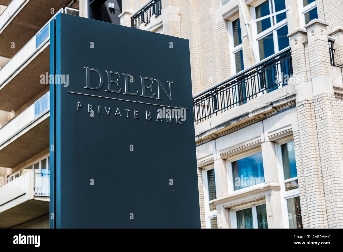 Brussels/ Belgium - 07 03 2019: Facade and sign of the Delen Private banking company Stock Photo