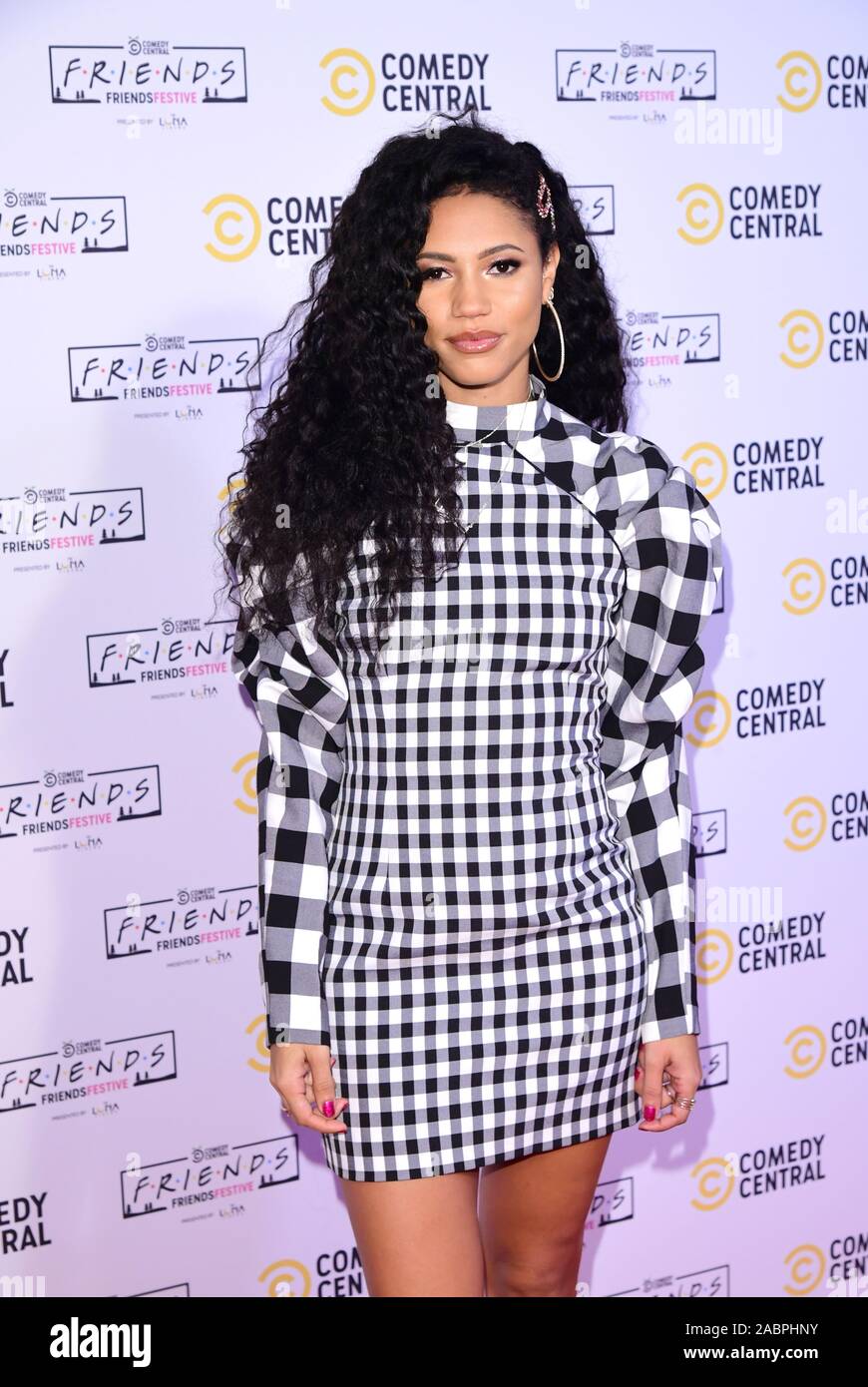 Vick Hope arriving for the launch of Comedy Central UK FriendsFestive event celebrating the best seasonal moments from the Friends TV show at the Truman Brewery, east London. Stock Photo