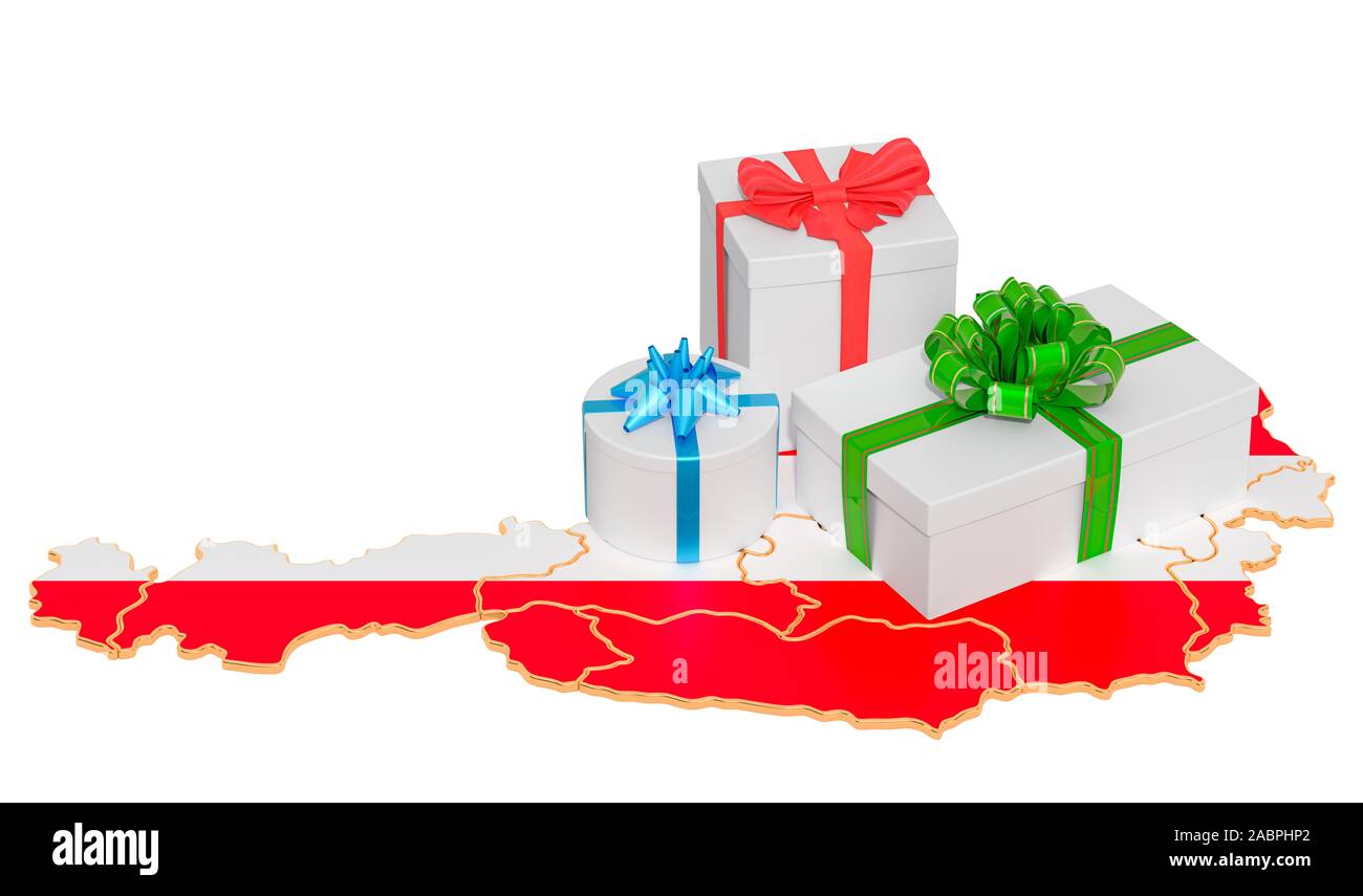 Gift boxes on the Austrian map. Christmas and New Year holidays in