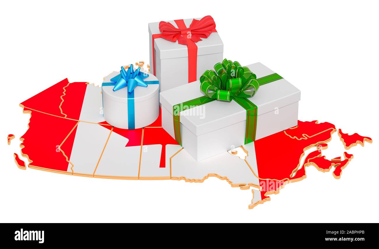 Gift boxes on the Canadian map. Christmas and New Year holidays in Canada concept. 3D rendering