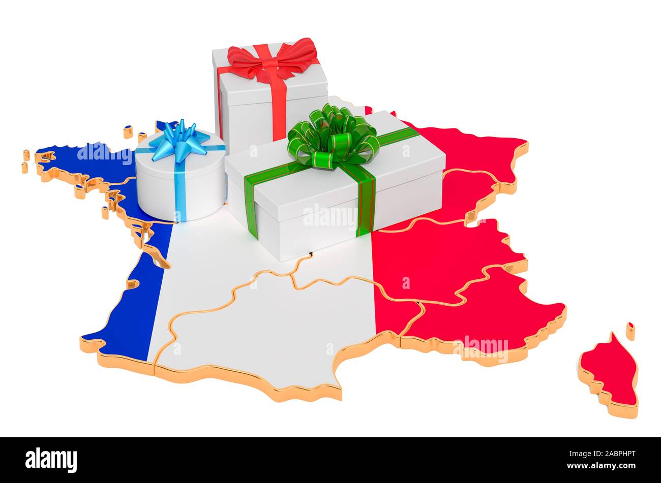 Gift boxes on the French map. Christmas and New Year holidays in France concept. 3D rendering isolated on white background Stock Photo