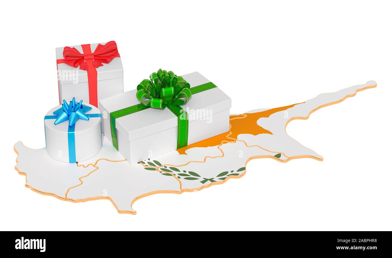 Gift boxes on the Cyprus map. Christmas and New Year holidays in Cyprus