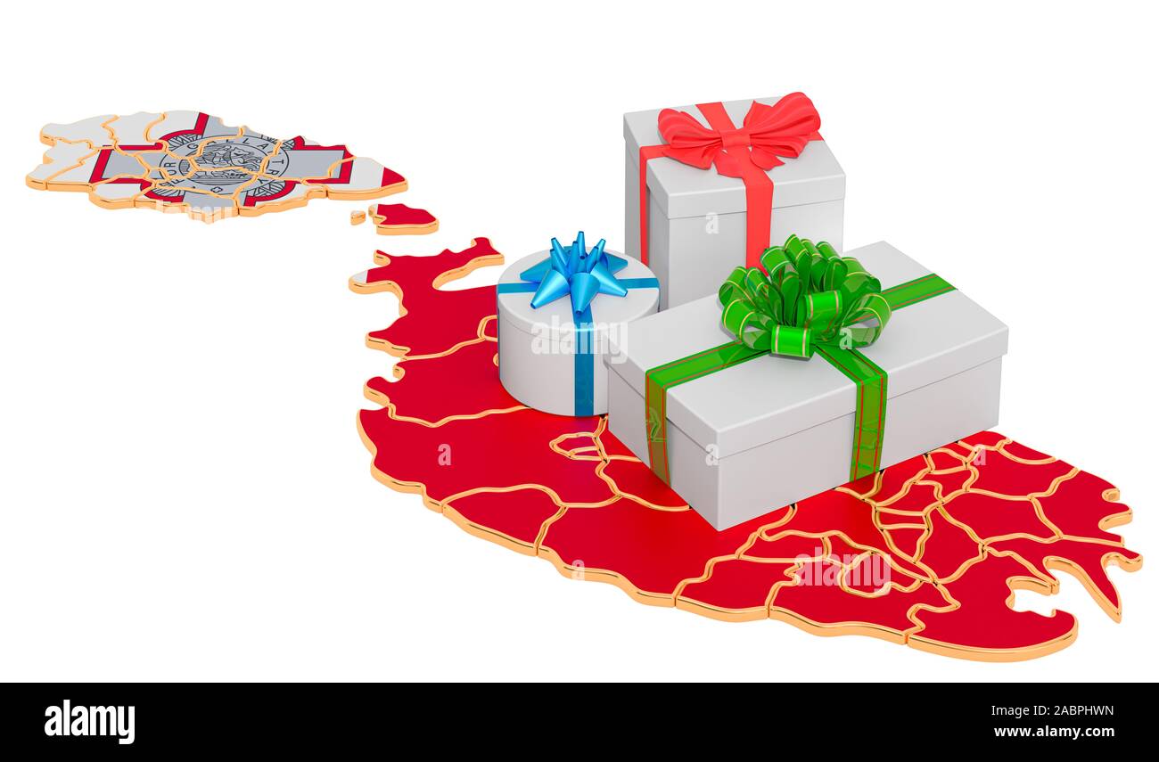 Gift boxes on the Maltese map. Christmas and New Year holidays in Malta