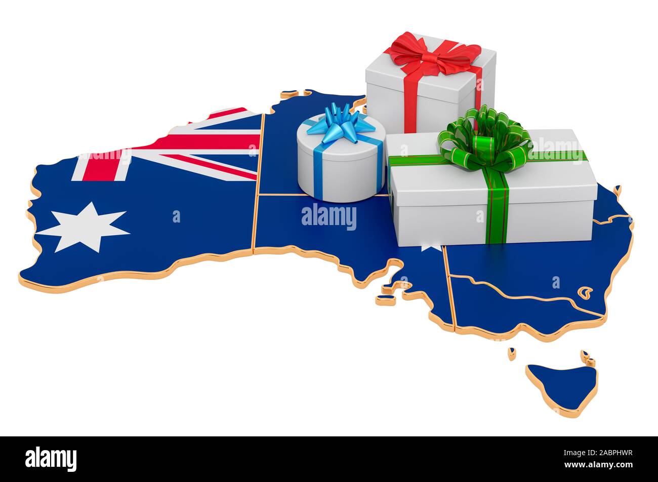 Gift boxes on the Australian map. Christmas and New Year holidays in