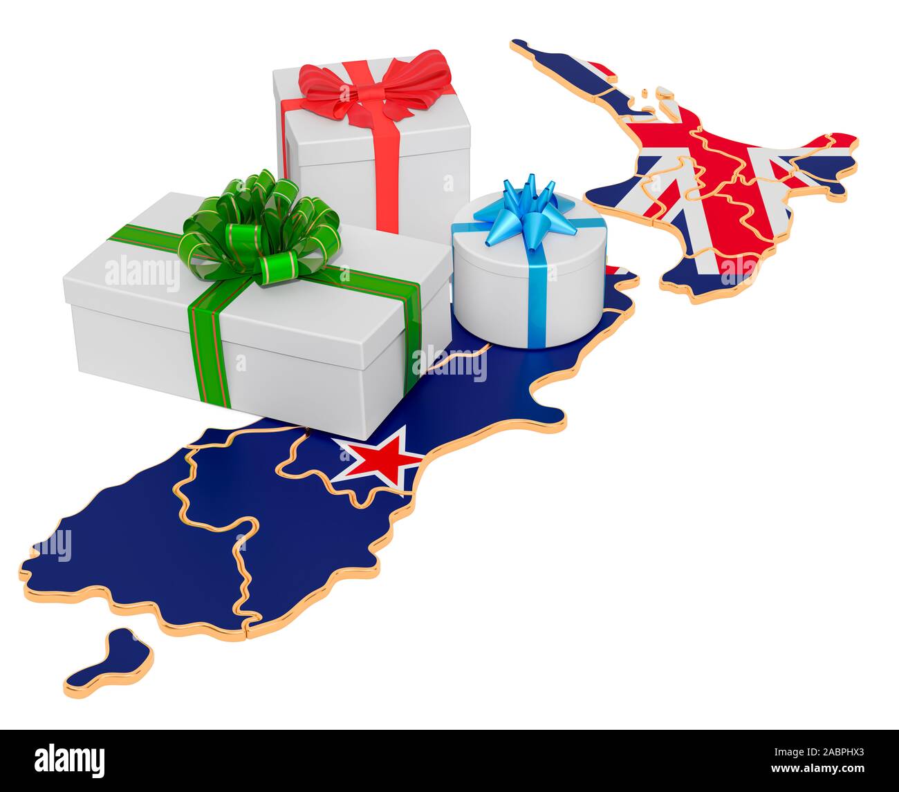 Gift boxes on the New Zealand map. Christmas and New Year holidays in New Zealand concept. 3D rendering isolated on white background Stock Photo
