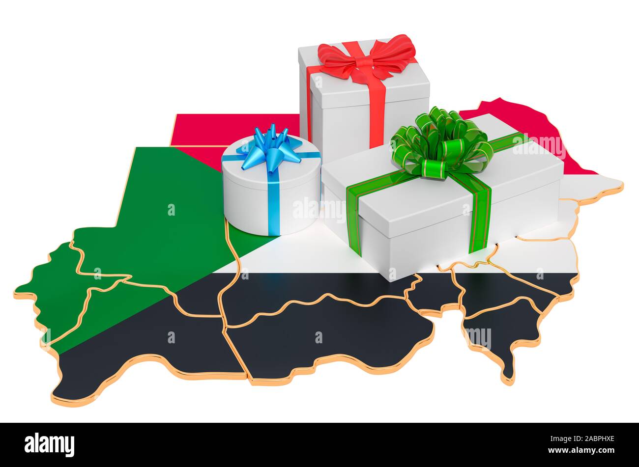 Gift boxes on the Sudanese map. Christmas and New Year holidays in ...