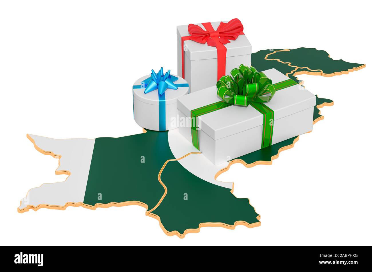 Gift boxes on the Pakistani map. Christmas and New Year holidays in