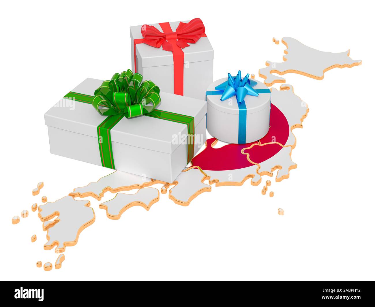Gift boxes on the Japanese map. Christmas and New Year holidays in Japan concept. 3D rendering isolated on white background Stock Photo