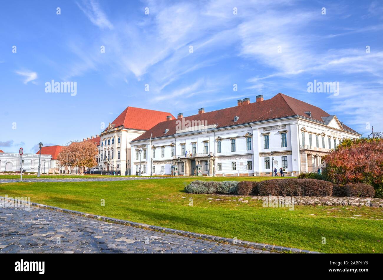 Castle district in Hungarian capital city. Sandor Palace building, a seat of the Hungarian president, in the background. Buda Castle courtyard. Eastern European city. Stock Photo