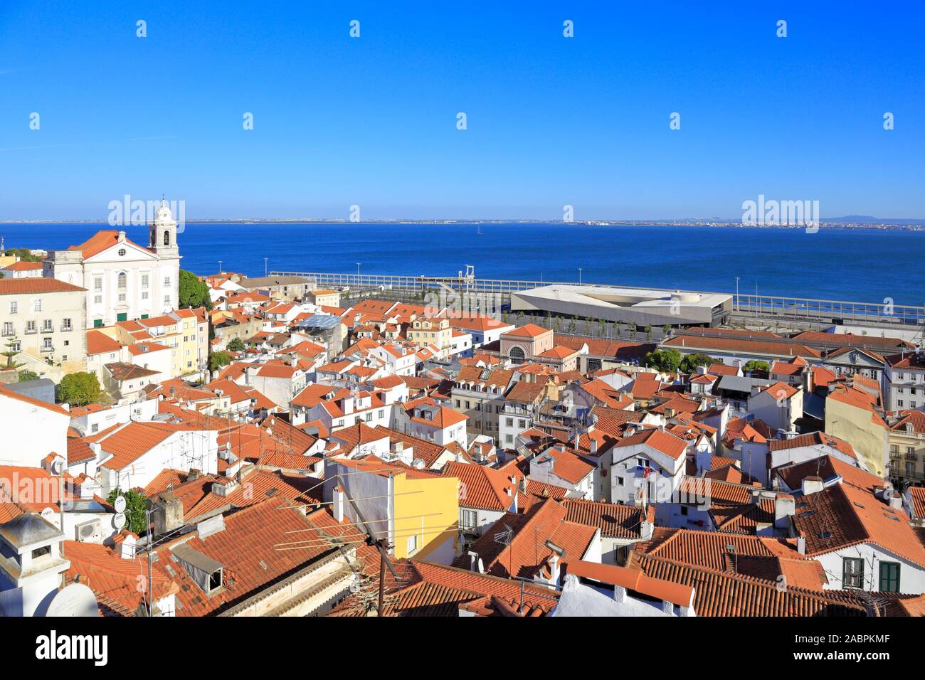 Miradouro das Portas do Sol overlooking Alfama and the new cruise liner terminal, Lisbon, Portugal. Stock Photo