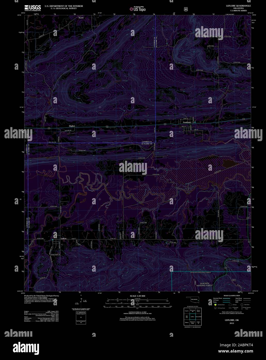 USGS TOPO Map Oklahoma OK Leflore 20121218 TM Inverted Restoration Stock Photo