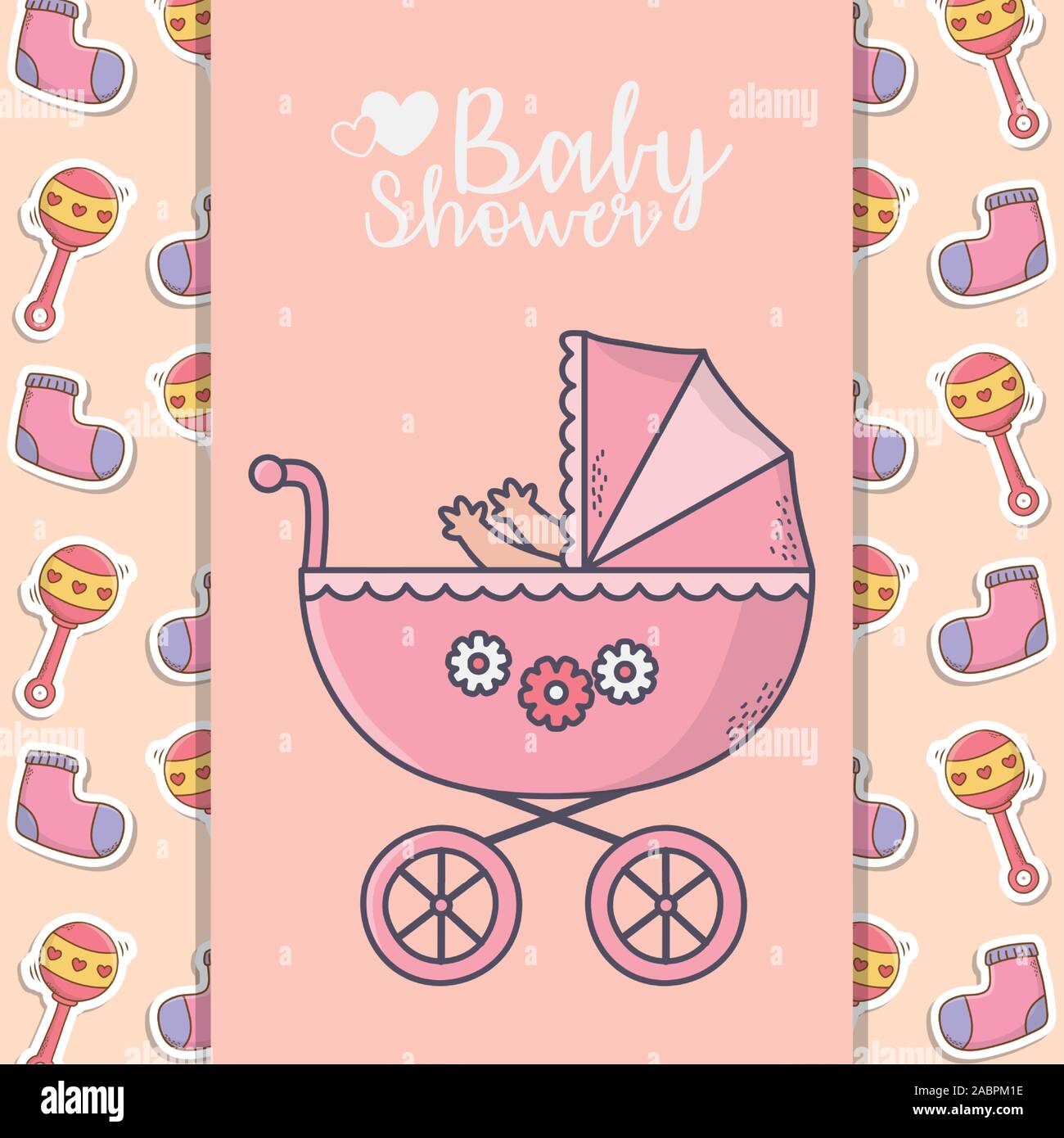 baby shower pink pram with socks and rattle background banner vector ...