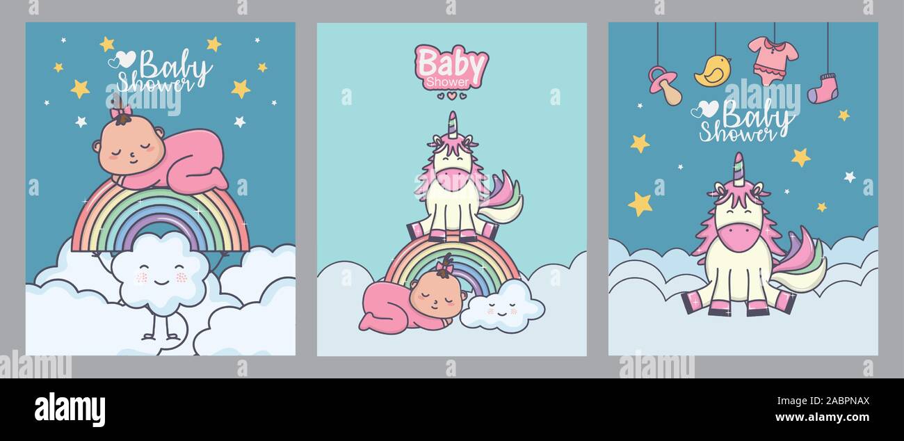 baby shower girl unicorn rainbow banners decoration vector illustration ...