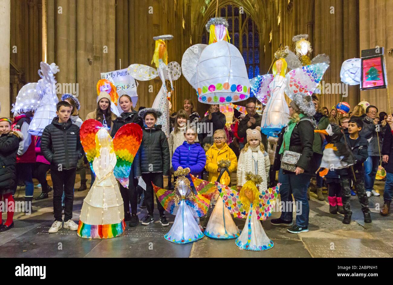 Winchester, Hampshire, UK. 28th November 2019. Crowds flocks to Winchester  for the Winchester Christmas Lantern Parade, to show the wonderful lanterns  they have created or to watch the parade which starts and
