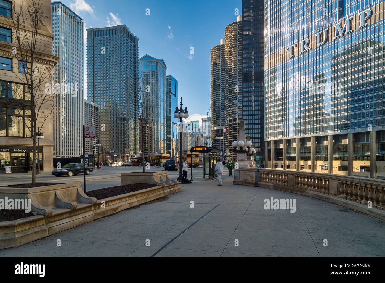 Chicago Skyline  showing Trump Tower  daylight view with clouds in the sky Stock Photo