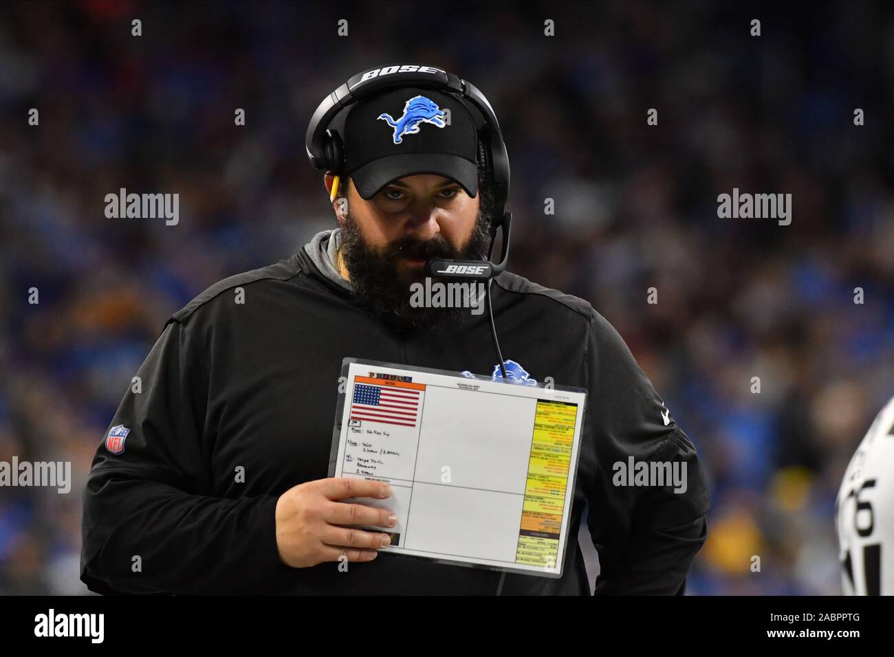 Detroit, Michigan, USA. 28th Nov, 2019. Detroit Lions head coach Matt Patricia during NFL game between Chicago Bears and Detroit Lions on November 28, 2019 at Ford Field in Detroit, MI (Photo by Allan Dranberg/Cal Sport Media) Credit: Cal Sport Media/Alamy Live News Stock Photo