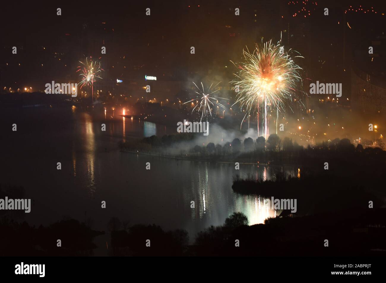 New year fireworks by Swan lake, Hefei, China Stock Photo