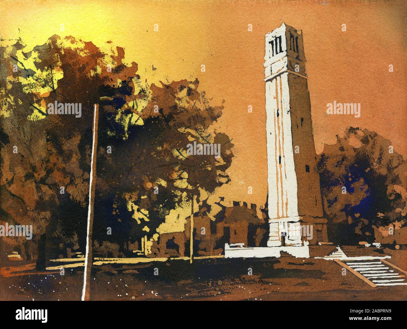 Painting of the North Carolina Statue University Bell-Tower in Raleigh, NC at dusk. NCSU artwork bell tower Stock Photo