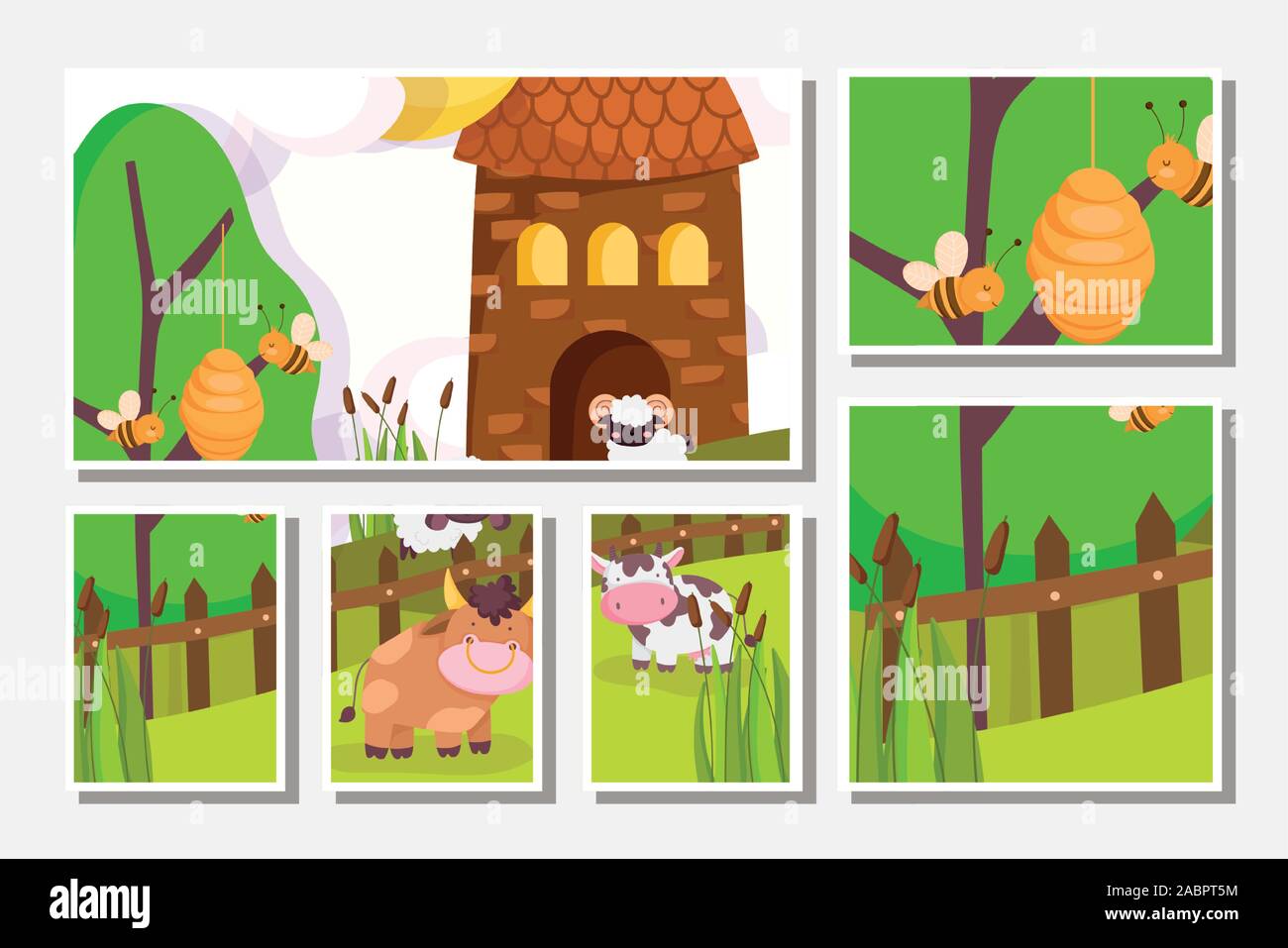 farm animals bull cow bees barn wooden fence grass cards vector ...
