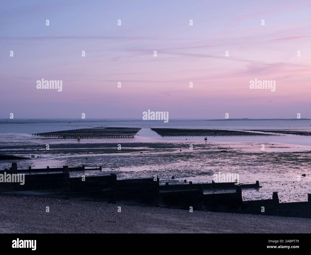 Oyster Trestles at low tide Whitstable Kent UK at dusk Stock Photo