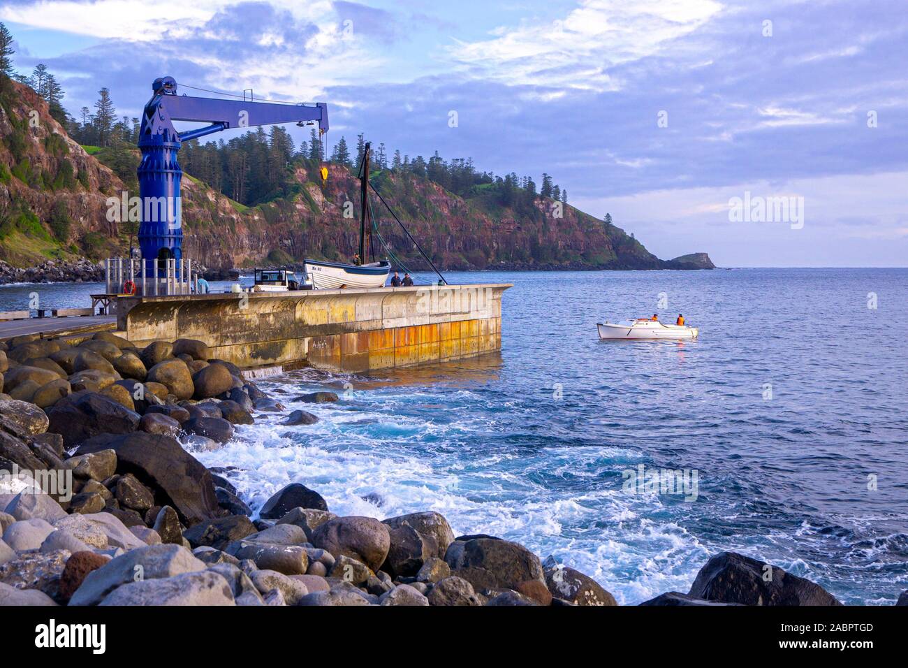 Jetty on Cascade Bay where monthly supplies for the 1700 or so islanders are landed. Norfolk Island, Australia Stock Photo